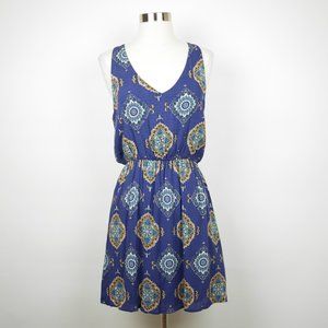 FRENCH GREY Women's S - Blue & yellow floral sleeveless A-line dress knee length